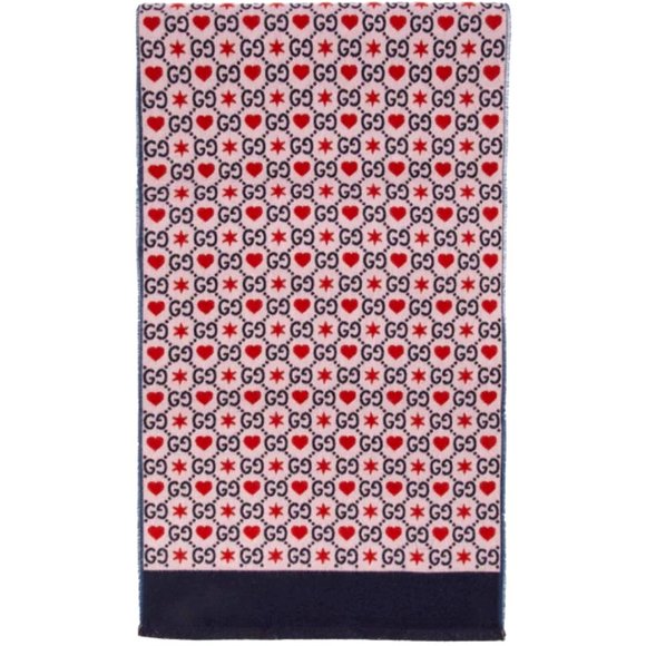 NEW GUCCI GG HEARTS & STARS Violet Navy Red Wool Long Scarf $490 Authentic - Picture 4 of 7
